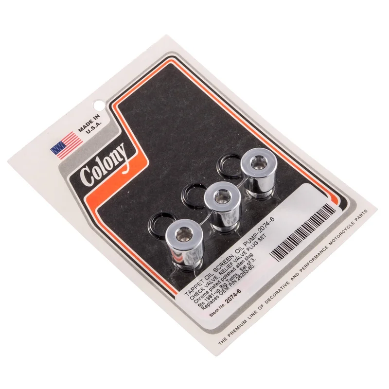 #2074-6 Tappet Oil Screen/Pump Check Valve/Relief Valve Set 1981-Up Harley-Davidson Big Twin – Chrome Plated